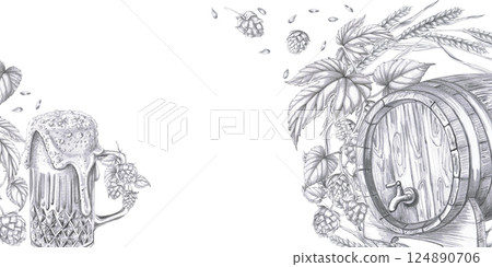 Rectangular frame with oak barrel, beer mug and hop branches. Isolated pencil realistic style illustration for design of pubs, restaurants, menus, culinary magazines. Rectangular frame with oak barrel, beer mug and hop branches. Isolated pencil realistic style illustration for design of pubs, restaurants, menus, culinary magazines. 124890706