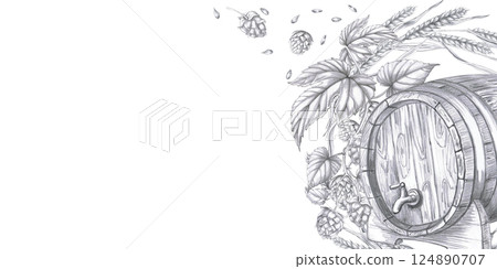 Rectangular frame with oak barrel and hop branches. Isolated pencil realistic style illustration for design of pubs, restaurants, menus, culinary magazines. Rectangular frame with oak barrel and hop branches. Isolated pencil realistic style illustration for design of pubs, restaurants, menus, culinary magazines. 124890707