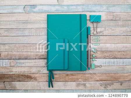 Notepad with pen and paper clips Notepad with pen and paper clips 124890770