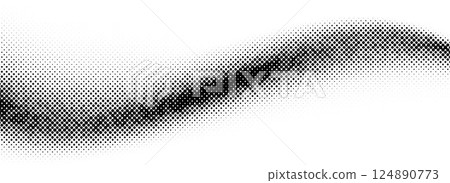 Black halftone wave background. Dotted curved flow wallpaper. Abstract grain fluid backdrop texture. Grit pop art swoosh element for poster, banner, overlay, template, brochure, flyer, leaflet. Vector Black halftone wave background. Dotted curved flow wallpaper. Abstract grain fluid backdrop texture. Grit pop art swoosh element for poster, banner, overlay, template, brochure, flyer, leaflet. Vector 124890773