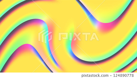 Bright abstract vector image with wavy lines and smooth transitions of colors on a yellow background. The combination of shades of pink, green and blue creates a rainbow effect and dynamic movement, 124890778