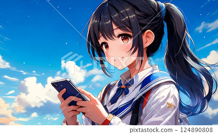 High school girl using a smartphone [AI generated image] 124890808