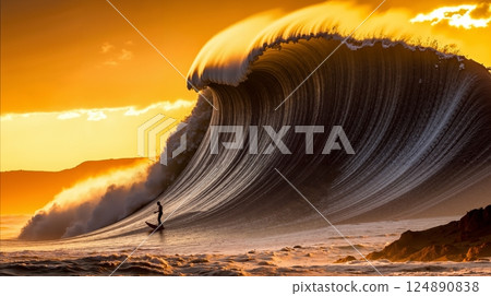 A surfer rides a large wave in the ocean at sunset 124890838