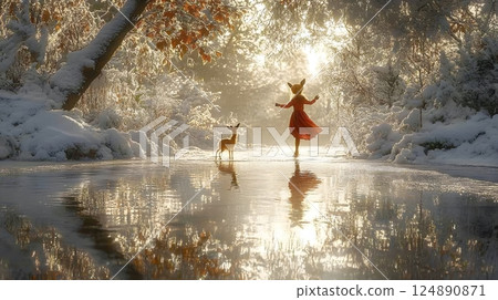 A girl is playing with a deer in a snowy forest 124890871