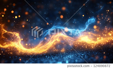 A blue and orange light show with a lot of sparkles 124890872