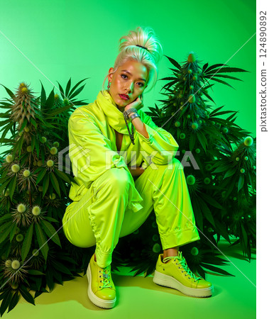A woman sitting in front of a bunch of marijuana plants 124890892