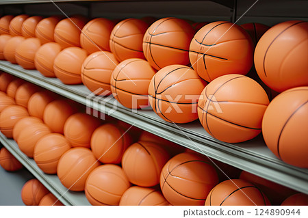 orange basketballs are arranged in a storage, practice or recreation sports concept 124890944
