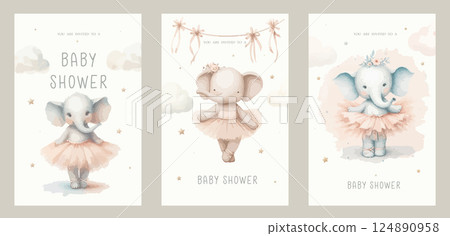 Set of Watercolor New born baby shower invitation. Greeting card with dancing ballerina elephant in a pink dress. Set of Watercolor New born baby shower invitation. Greeting card with dancing ballerina elephant in a pink dress. 124890958