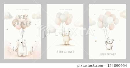 First birthday set of watercolor invitation card for celebration. With bear and balloons. 124890964
