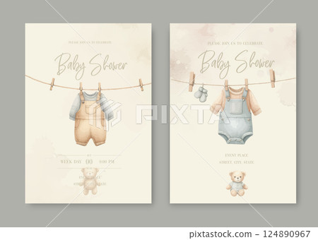 Watercolor Invitation Birthday Template card with children's clothes drying on a clothesline. 124890967
