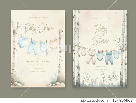 Watercolor Invitation Birthday Template card with children's clothes drying on a clothesline. 124890968