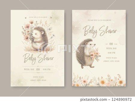 Watercolor Invitation Birthday Template card with watercolor forest cute hedgehog with flowers. 124890972