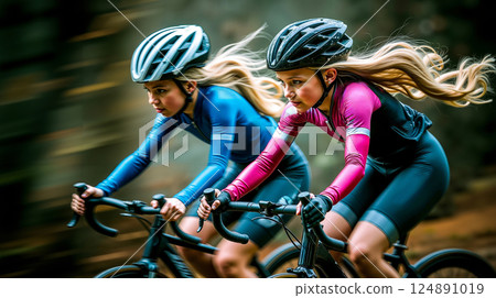 A couple of women riding bikes down a dirt road 124891019