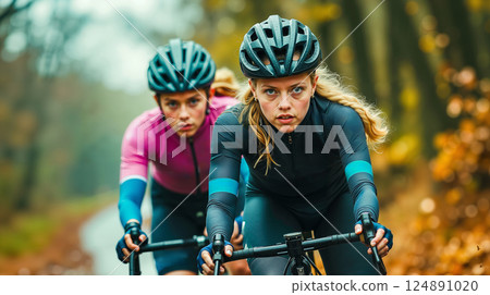 A couple of women riding bikes down a road in the woods 124891020