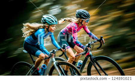 A couple of women riding bikes down a dirt road 124891021