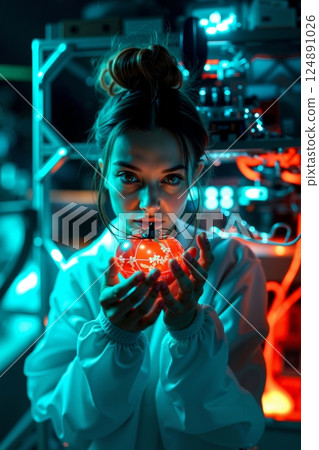 A woman holding a red Christmas ornament in her hands 124891026