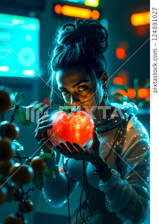 A woman holding a tomato in her hands 124891027