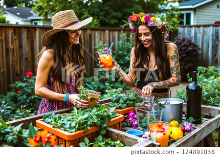 Two women in a garden with drinks and flowers in their hair 124891038