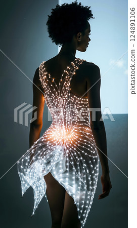 A woman in a white dress with lights on it 124891106