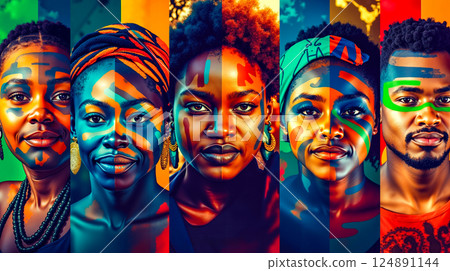 A group of people with different colored faces painted on their faces 124891144