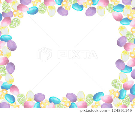 Frame with Easter eggs watercolor illustration isolated on white. Color eggs hand drawn in pastel tones for Easter cards, packaging and holiday decor Frame with Easter eggs watercolor illustration isolated on white. Color eggs hand drawn in pastel tones for Easter cards, packaging and holiday decor 124891149