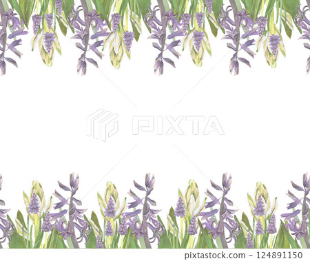 Seamless border of spring flowers watercolor illustration isolated on white. White and violet hyacinths hand drawn pastel tones for Easter cards, packaging and festive decor 124891150