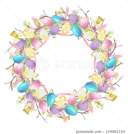 Wreath frame of Easter eggs, twigs and spring flowers. watercolor illustration isolated set on white. Eggs, narcissus and willow hand drawn pastel tones for Easter cards, packaging and festive decor 124891154