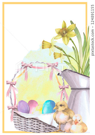 Narcissus in jug, Easter eggs in a wicker basket with bon, chickens watercolor illustration isolated on white. Elements Hand drawn in pastel tones for Easter cards, packaging and festive decor 124891155