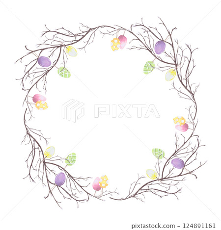 Frame of willow branches with Easter colored eggs on strings , watercolor illustration isolated on white. Branches and eggs hand drawn in pastel tones for Easter cards, packaging and festive decor Frame of willow branches with Easter colored eggs on strings , watercolor illustration isolated on white. Branches and eggs hand drawn in pastel tones for Easter cards, packaging and festive decor 124891161