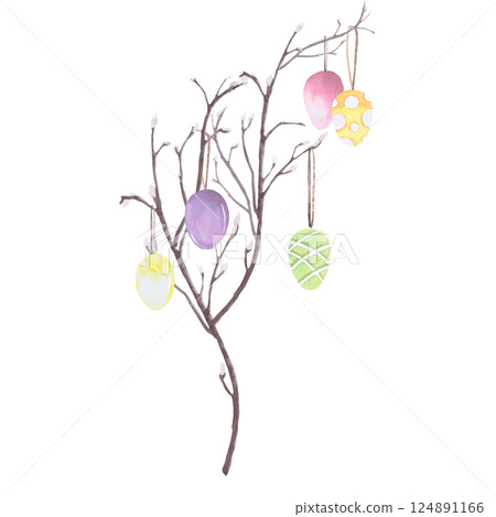 Willow branches with Easter colored eggs on strings , watercolor illustration isolated on white. Branches and eggs hand drawn in pastel tones for Easter cards, packaging and festive decor Willow branches with Easter colored eggs on strings , watercolor illustration isolated on white. Branches and eggs hand drawn in pastel tones for Easter cards, packaging and festive decor 124891166