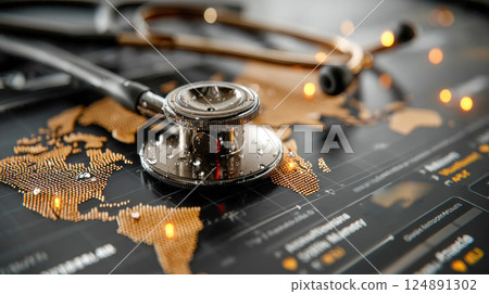 Stethoscope placed on a digital world map interface with data points, symbolizing global health monitoring and medical analytics 124891302