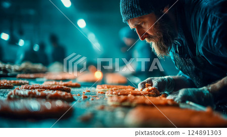 Worker in protective gear carefully inspects raw meat fillets on a production line in a food processing facility Worker in protective gear carefully inspects raw meat fillets on a production line in a food processing facility 124891303