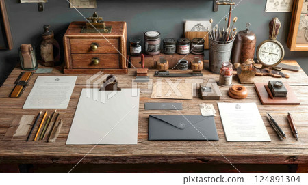 Assorted vintage stationery and writing tools neatly arranged on a rustic wooden desk, evoking a nostalgic atmosphere 124891304