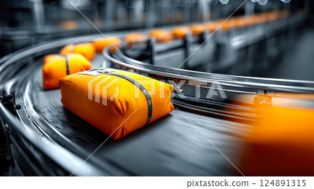 Bright orange parcels on a fast-moving conveyor belt in a modern logistics center 124891315