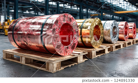 Glossy rolls of metallic sheets in red, gold, and silver lined up on wooden pallets inside an industrial warehouse 124891330