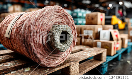 Close-up of a large copper wire spool on a wooden pallet in an industrial warehouse, surrounded by shipping boxes and blurred background Close-up of a large copper wire spool on a wooden pallet in an industrial warehouse, surrounded by shipping boxes and blurred background 124891331