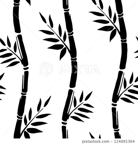 Seamless pattern of bamboo branches silhouettes. Black and white vector illustration 124891364