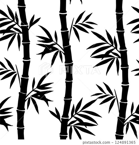 Seamless pattern of bamboo branches silhouettes. Black and white vector illustration 124891365