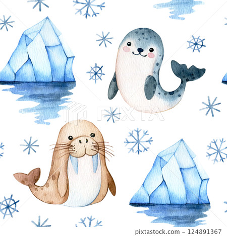 cute seamless pattern with arctic seal and walrus. watercolor print for kids cute seamless pattern with arctic seal and walrus. watercolor print for kids 124891367