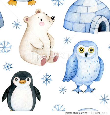 cute seamless pattern with arctic animals. watercolor print for kids 124891368
