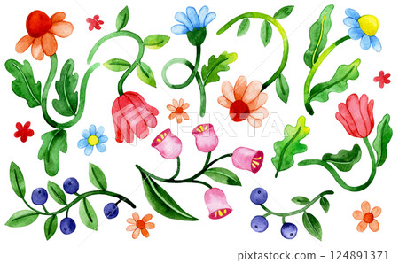set of watercolor flowers in retro style, groovy. bright colors set of watercolor flowers in retro style, groovy. bright colors 124891371