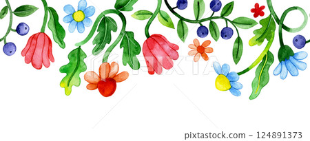 seamless borderof watercolor flowers in retro style, groovy. bright colors seamless borderof watercolor flowers in retro style, groovy. bright colors 124891373