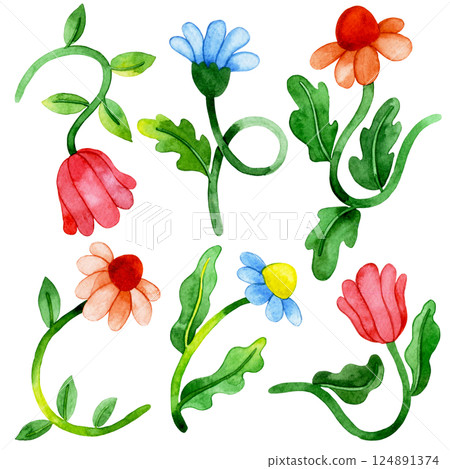 set of watercolor flowers in retro style, groovy. bright colors 124891374