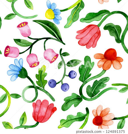 seamless pattern of watercolor flowers in retro style, groovy. bright colors 124891375