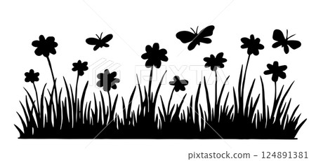 silhouette of border with wild flowers and grass. vector drawing in sketch style silhouette of border with wild flowers and grass. vector drawing in sketch style 124891381