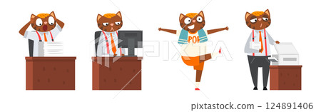 Businessman Cat Character in Suit in Different Situations Vector Set 124891406