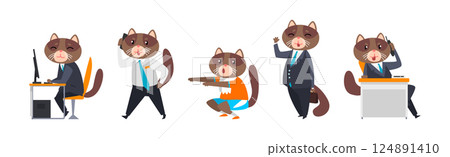 Businessman Cat Character in Suit in Different Situations Vector Set 124891410