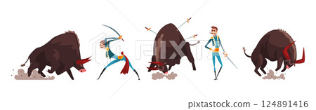Man Toreador with Sword and Red Clothes Fighting with Furious Bull Vector Set 124891416