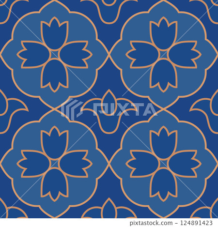Enamel style geometric color seamless pattern. Old vintage ceramic tile turkish background. Oriental style blue bell vector illustration. Enamel style geometric color seamless pattern. Old vintage ceramic tile turkish background. Oriental style blue bell vector illustration. 124891423