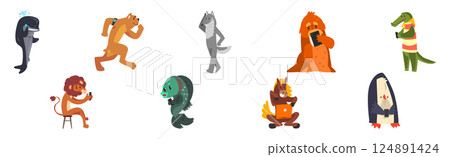 Animal Character with Mobile Smartphone Gadget Vector Set 124891424